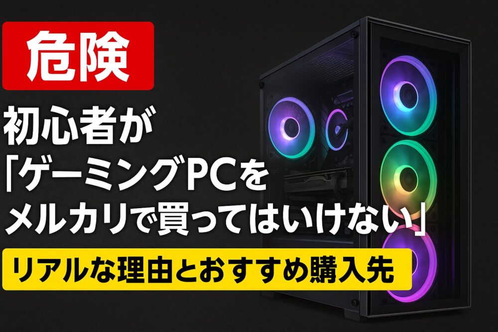 「危険 初心者が『ゲーミングPCをメルカリで買ってはいけない』リアルな理由とおすすめ購入先」という日本語警告バナー。左に警告文、右にRGBライティングが光るゲーミングPCが描かれている。」