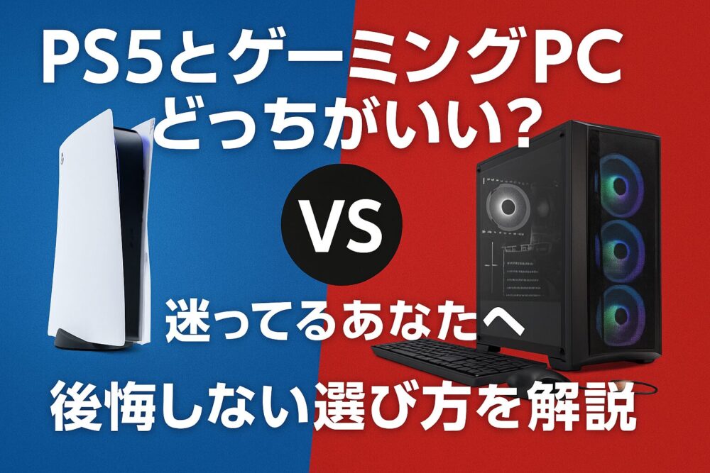 PS5とゲーミングPCどっちがいい？迷ってるあなたへ後悔しない選び方を解説」と日本語で表示された比較画像。左側には白いPlayStation 5本体と青背景、右側にはRGBライティングが光るゲーミングPCと赤背景が描かれ、中央に「VS」のマークが配置されている。
